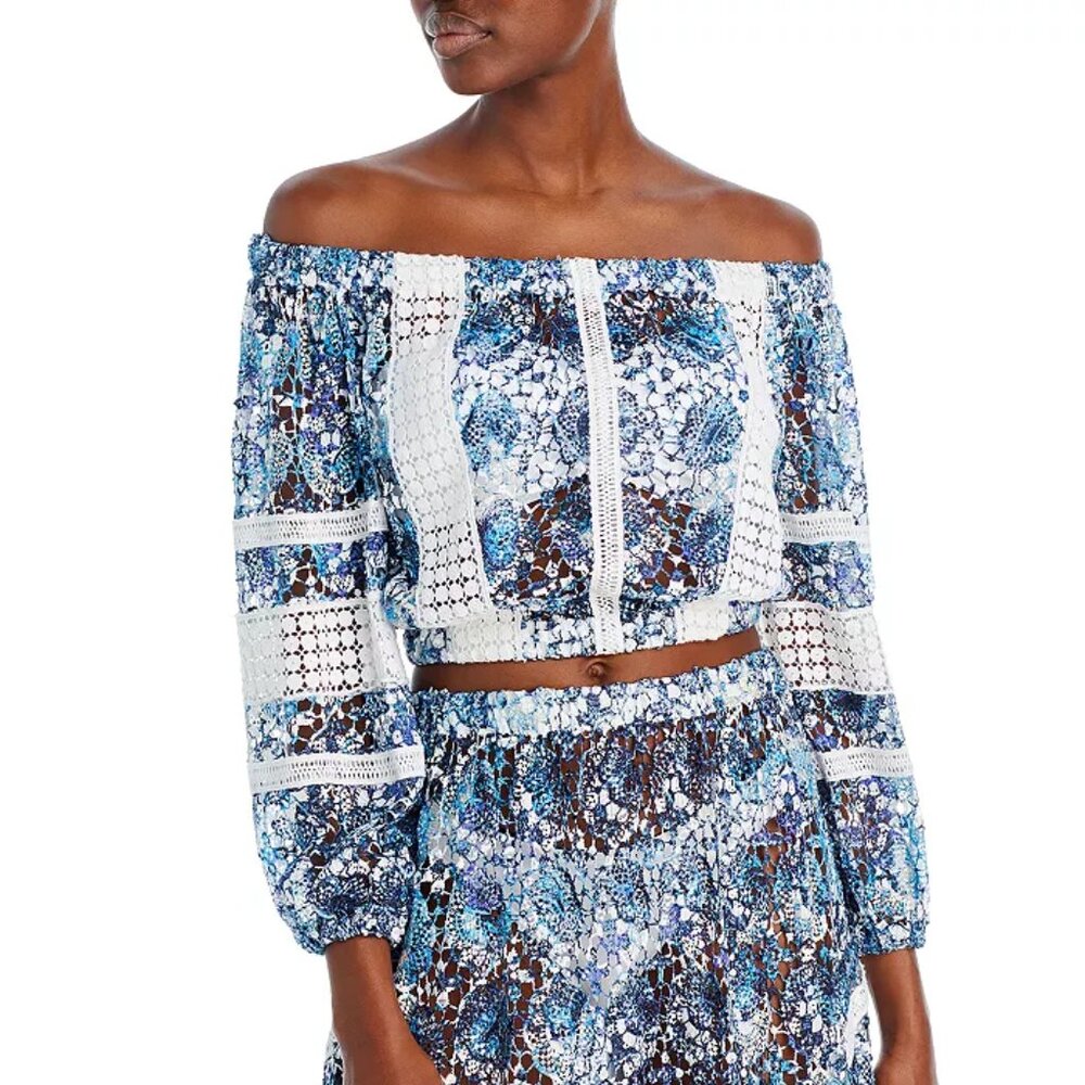 Ramy Brook Aiyana Printed Lace Crop Top Swim Cover-Up, Size S, New with Tag